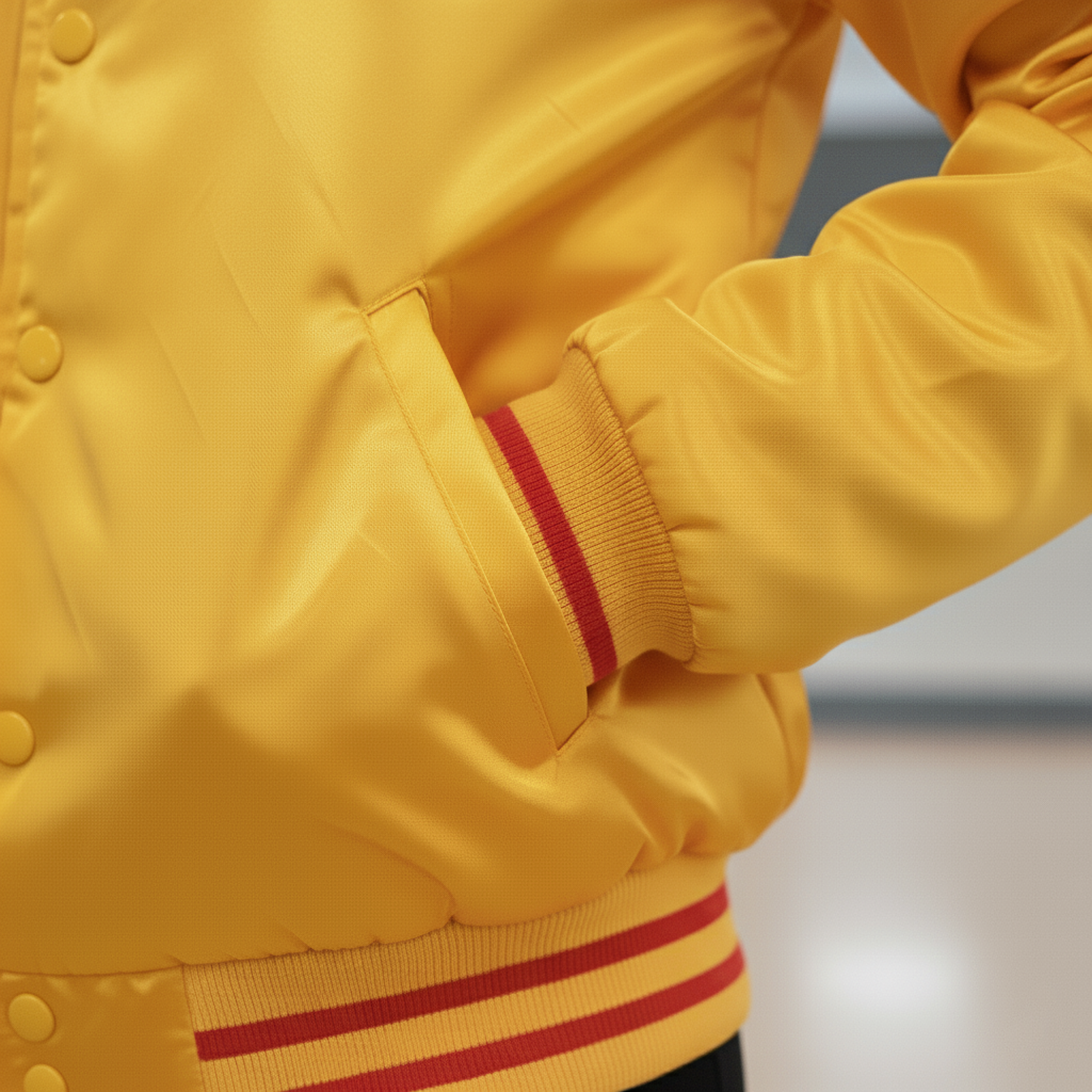 Close-up of a yellow jacket with red accents on a blurred background 