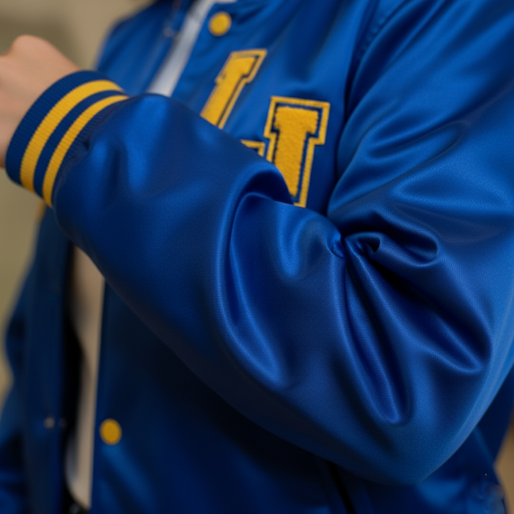 Blue jacket with yellow letter 'H' on sleeve, close-up