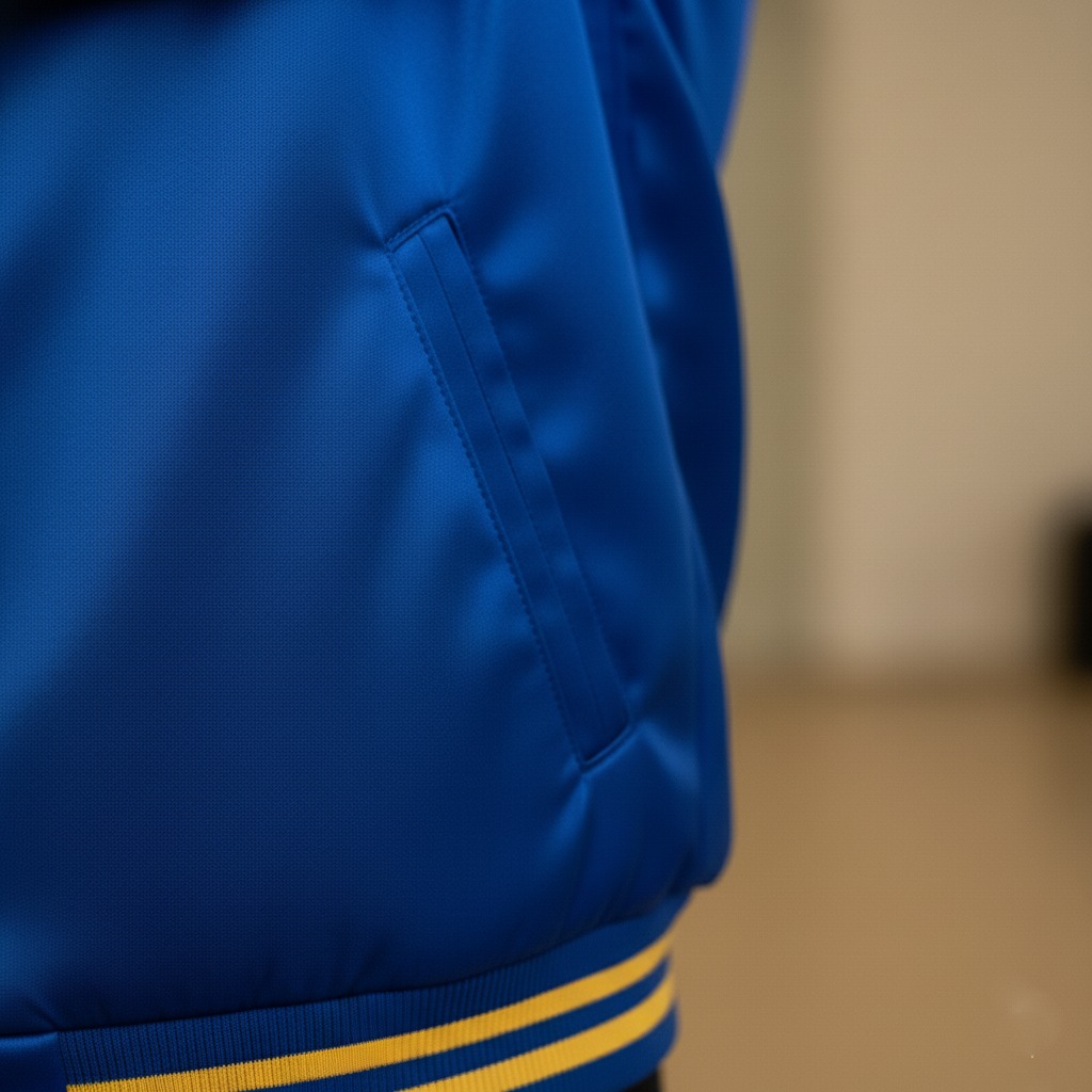 Close-up of a blue jacket with yellow trim on a blurred background