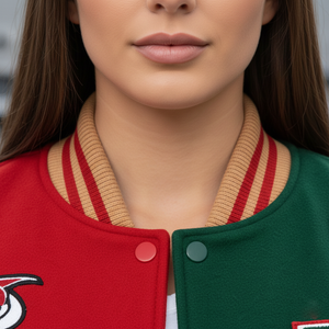 Close-up of a person wearing a red and green varsity jacket with a logo on a blurred background