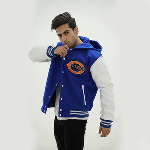 Three quarter angle of Chicago Bears hooded jacket revealing quilted interior lining and premium wool leather construction for men