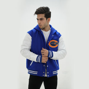 Side profile of Chicago Bears hoodie jacket showcasing white leather sleeves and attached hood for extra warmth in royal blue
