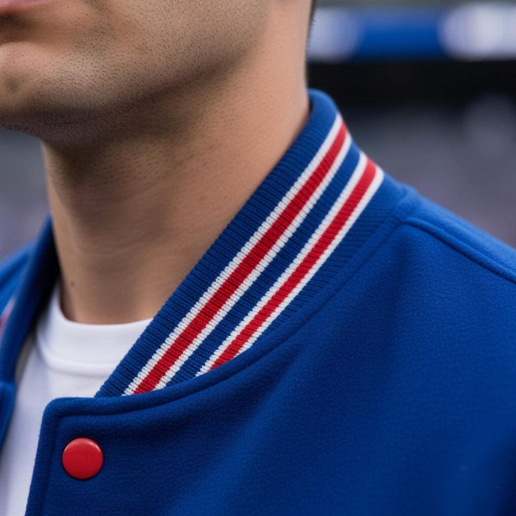 Close-up of a blue jacket with red and white striped collar