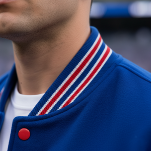 Close-up of a blue jacket with red and white striped collar