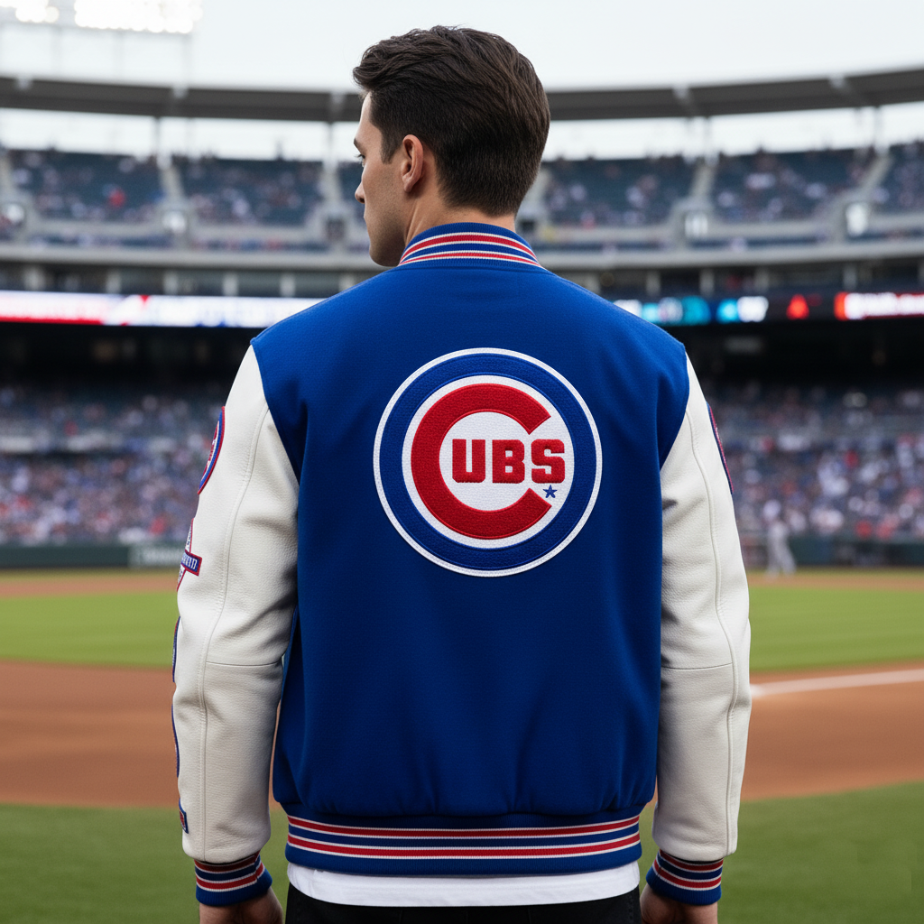 Person wearing a blue and white letterman jacket with Cubs logo at a baseball stadium