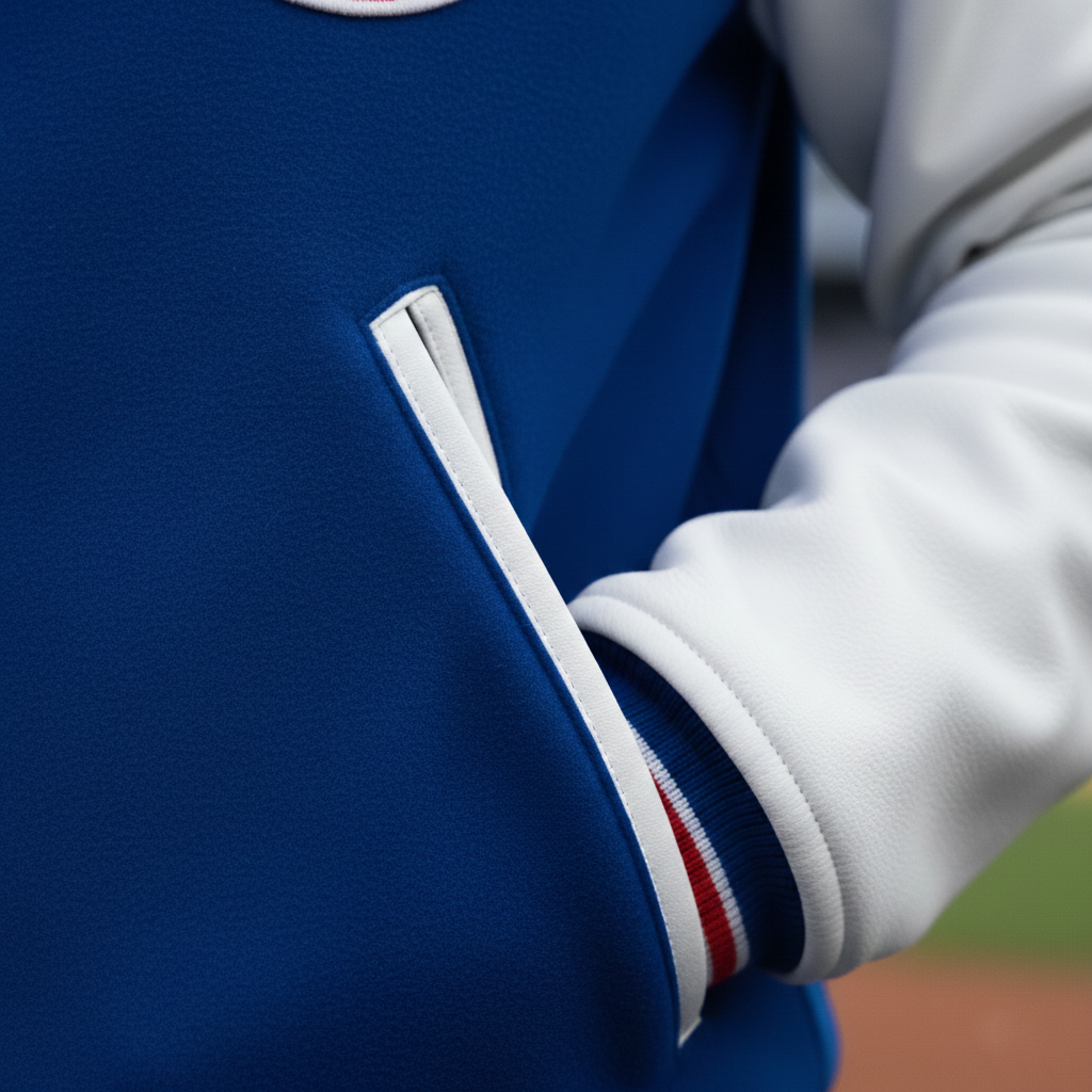 Close-up of a blue and white sports jacket with a logo on a blurred background
