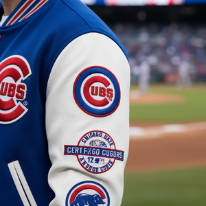 Close-up of a Chicago Cubs baseball jersey with logos on a blurred baseball field background.