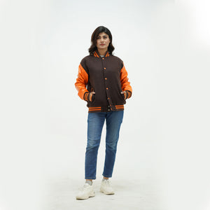 Chocolate brown varsity jacket full body fit - featuring old gold leather arms, snap buttons, side pockets, and classic ribbed waistband