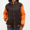 Old Gold Leather Arms Letterman Jacket | Chocolate Brown Wool Varsity Jacket