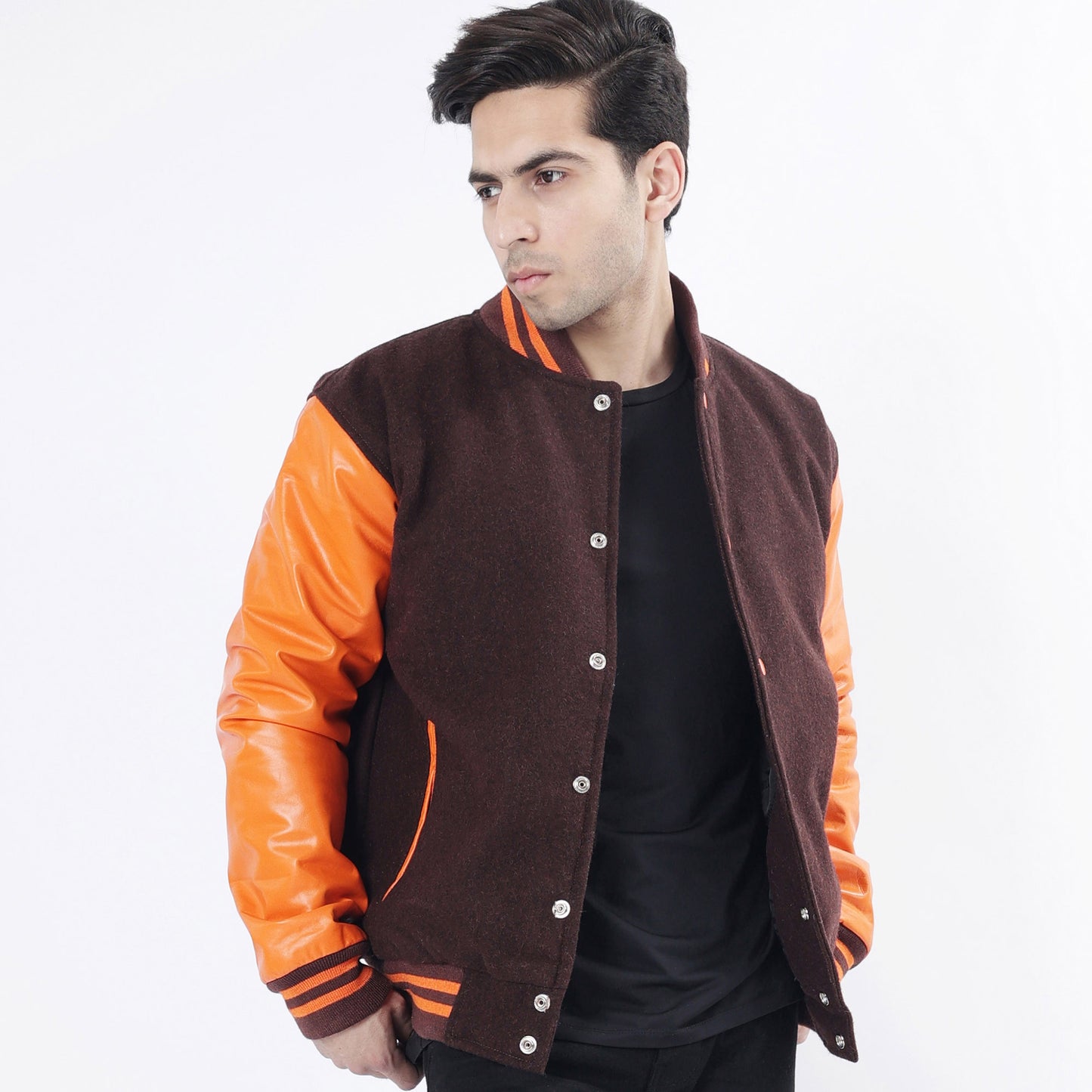 Chocolate Brown Body And Old Gold Leather Arms Letterman Jacket