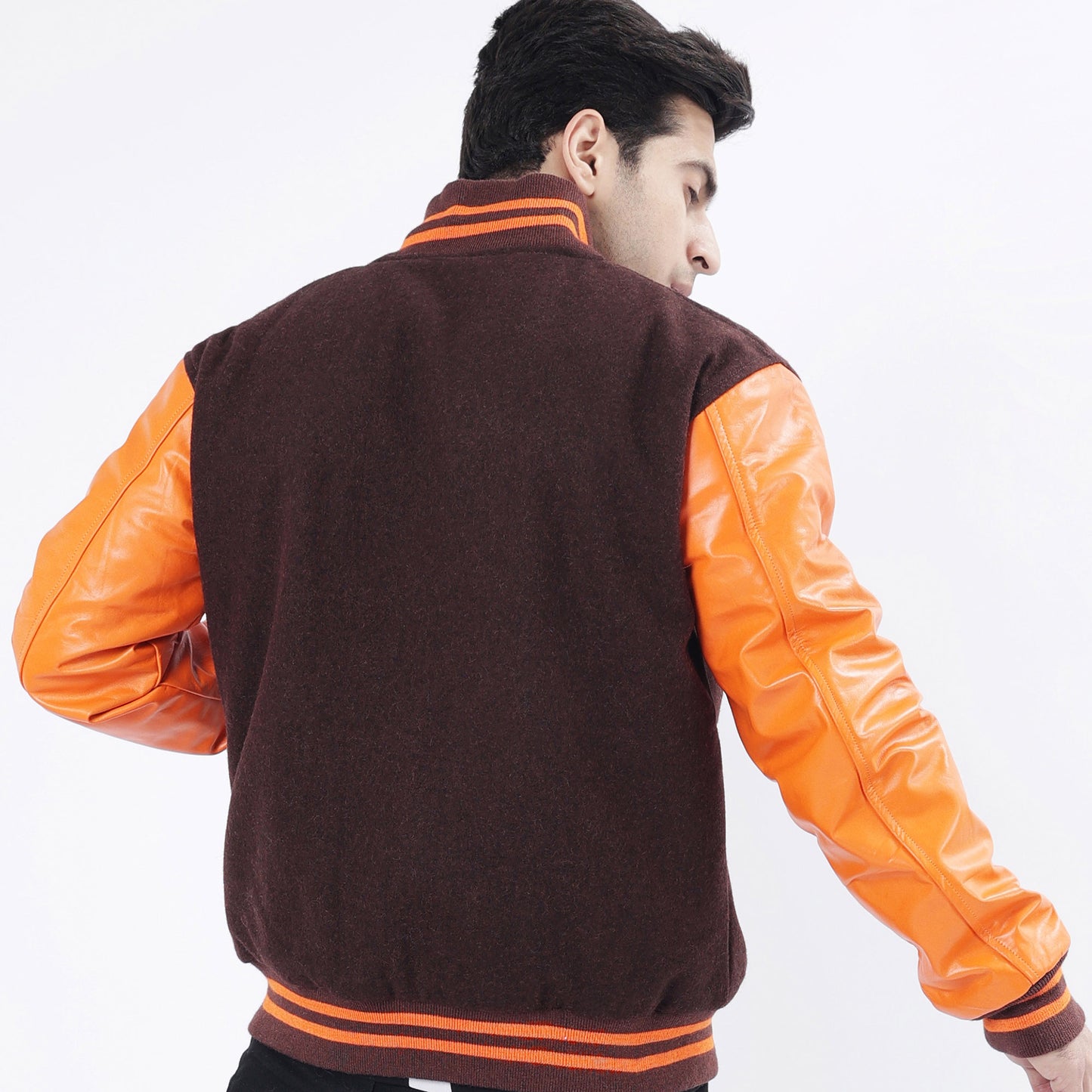 Chocolate Brown Body And Old Gold Leather Arms Letterman Jacket