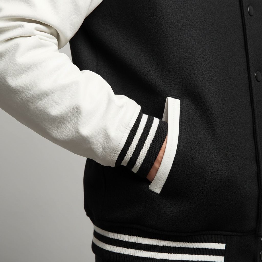 Close-up of a black varsity jacket with white stripes on a plain background