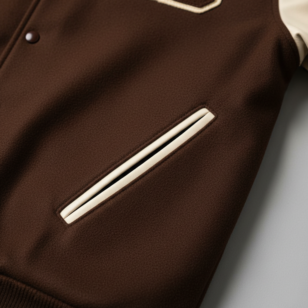Brown jacket with white zipper and trim on a light gray background