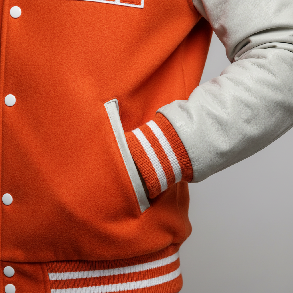 Close-up of an orange varsity jacket with white accents on a neutral background