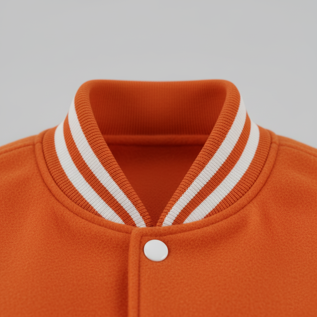 Close-up of an orange jacket with a white collar and button on a gray background