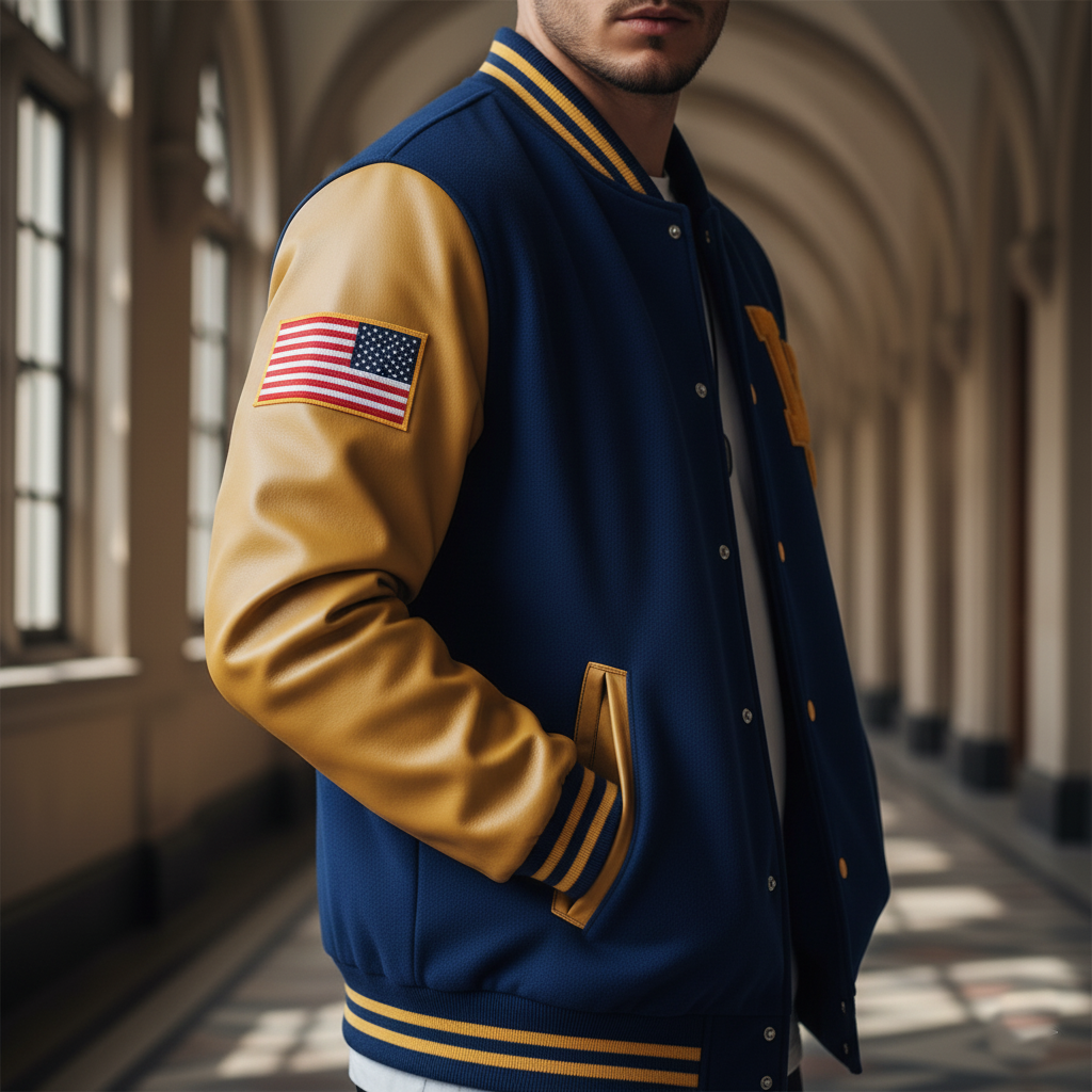 Person wearing a blue and gold varsity jacket with an American flag patch in a hallway.