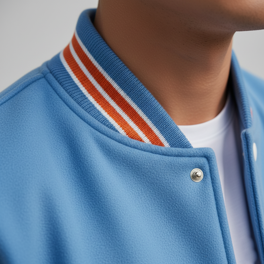 Close-up of a blue jacket with orange and white striped collar against a gray background