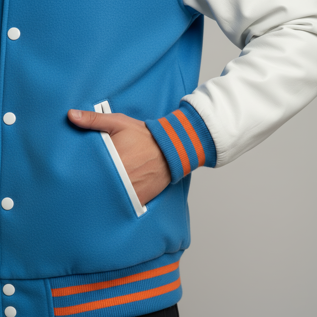 Person wearing a blue varsity jacket with orange stripes on a gray background