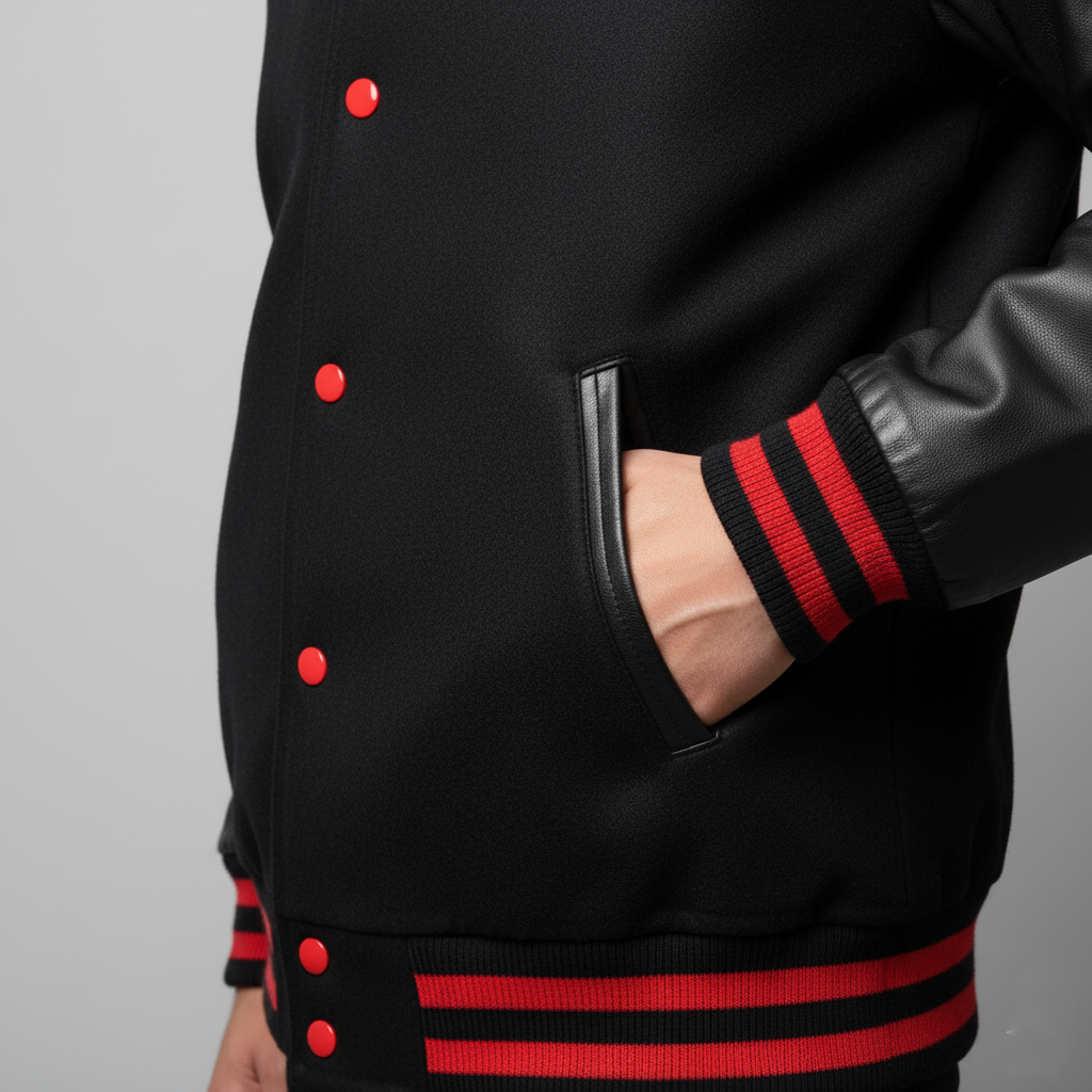 Black varsity jacket with red buttons and trim on a gray background