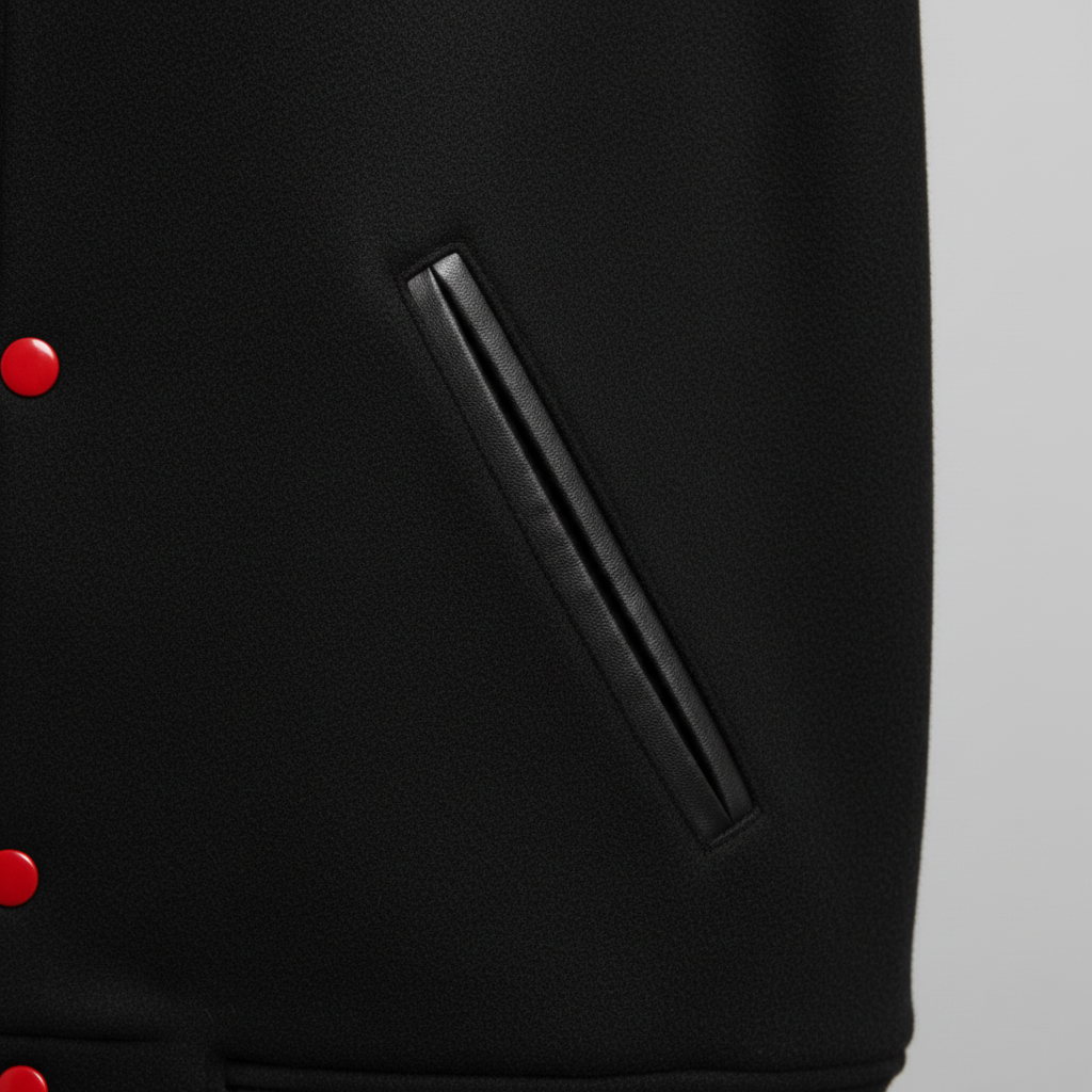 Black letterman jacket with red buttons on a gray background