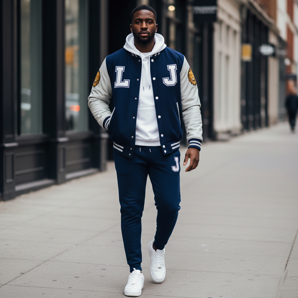 Man wearing a varsity jacket and pants walking on a city street.