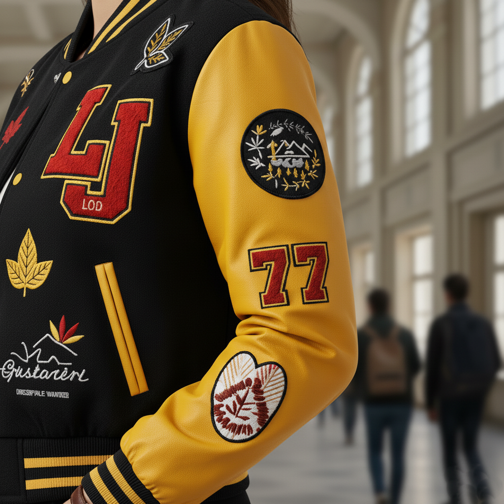 Close-up of a black and yellow varsity jacket with patches in an indoor setting.