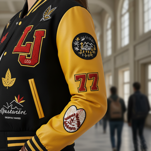 Close-up of a black and yellow varsity jacket with patches in an indoor setting.
