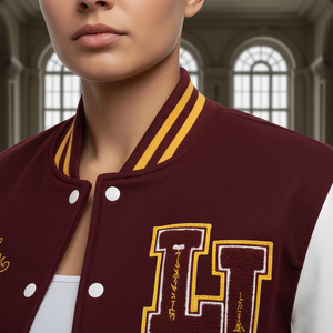 Person wearing a maroon varsity jacket with gold accents and a prominent 'H' emblem.