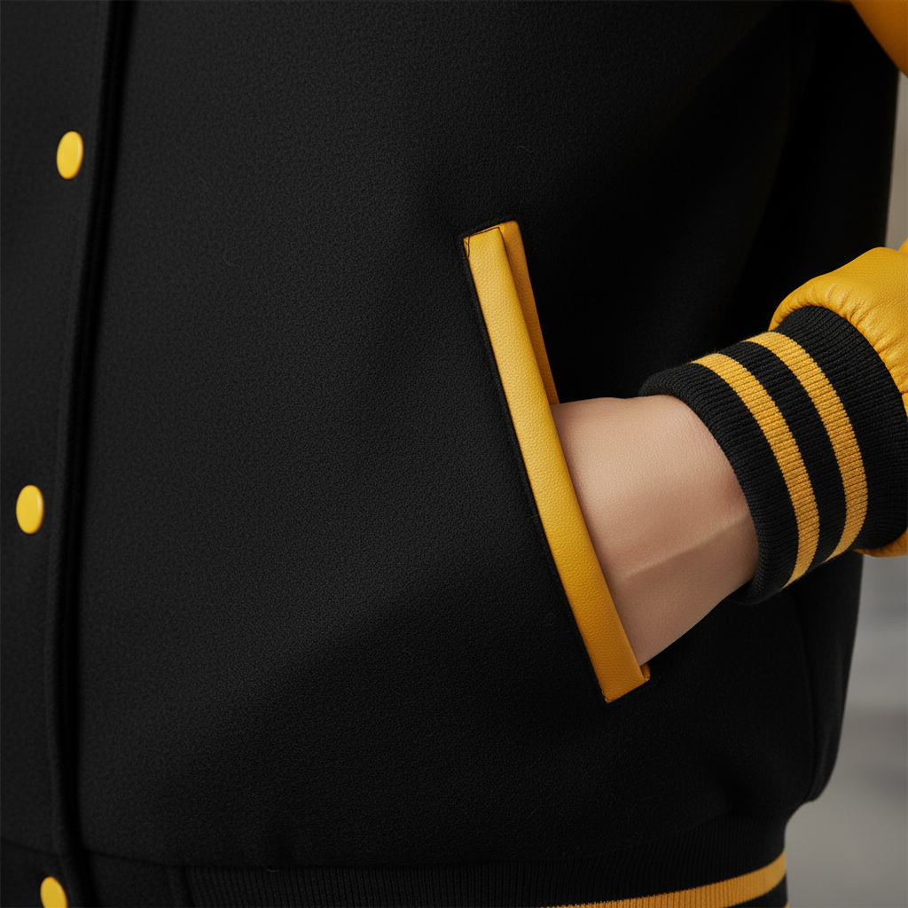 Black letterman jacket with yellow accents sleeve-rib-close-up on a mannequin against a neutral background