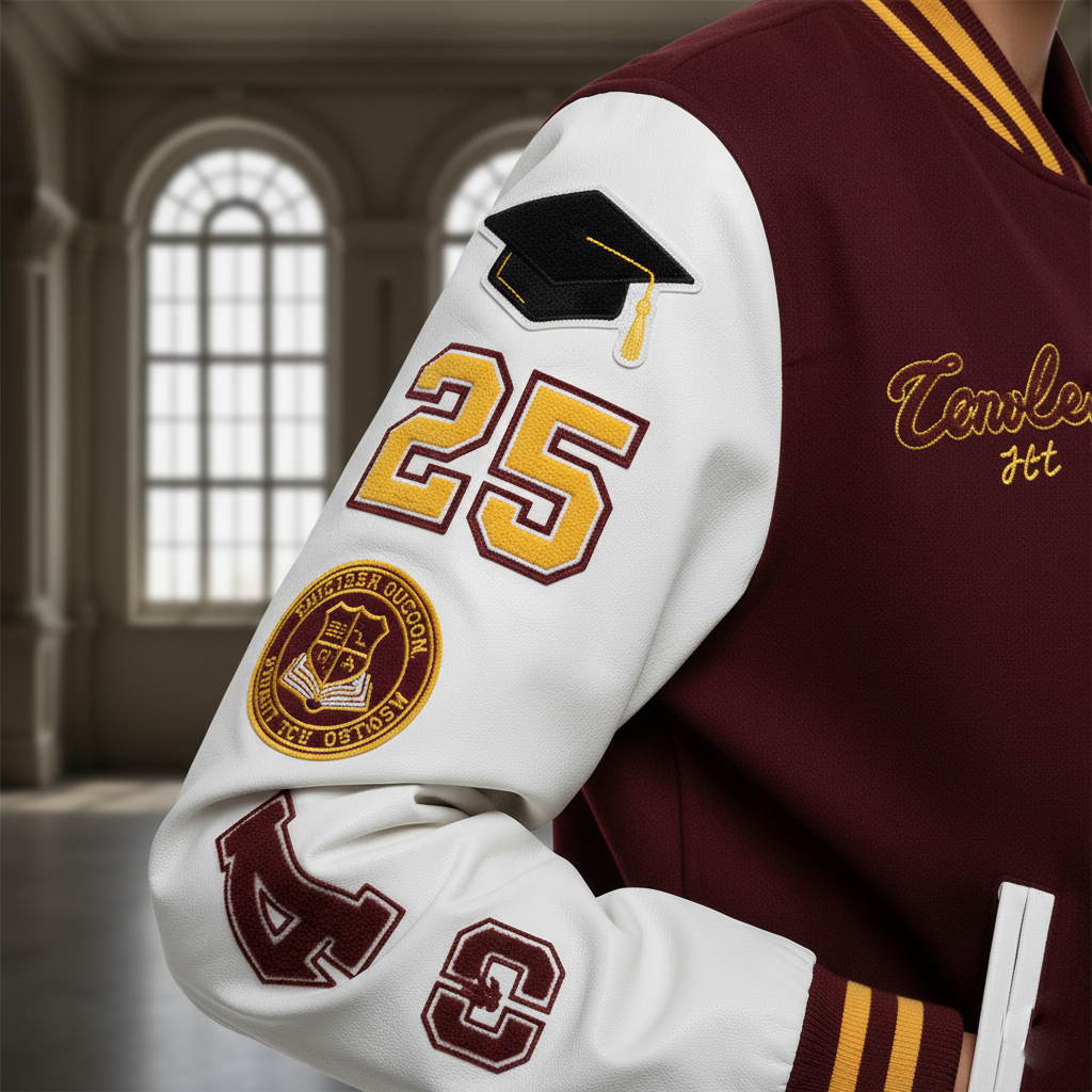 Side profile of cropped letterman jacket for women showing white leather sleeve detail, ribbed cuffs, and trendy cropped waist length silhouette