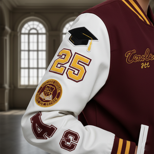 Side profile of cropped letterman jacket for women showing white leather sleeve detail, ribbed cuffs, and trendy cropped waist length silhouette