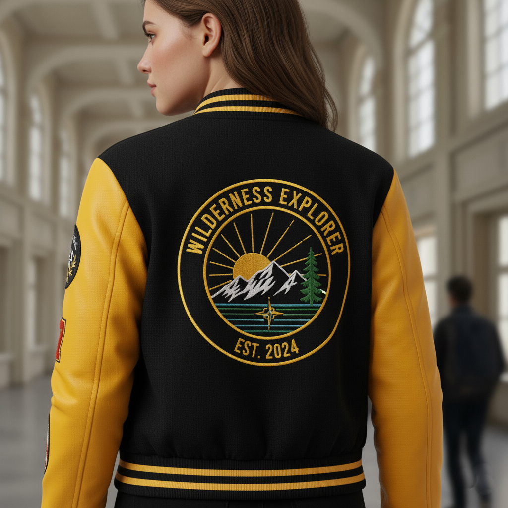 Person wearing a black and yellow jacket with 'Wilderness Explorer' design