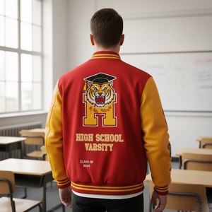 Back view of custom bomber jacket with embroidered logo and personalized patches - wool and leather construction
