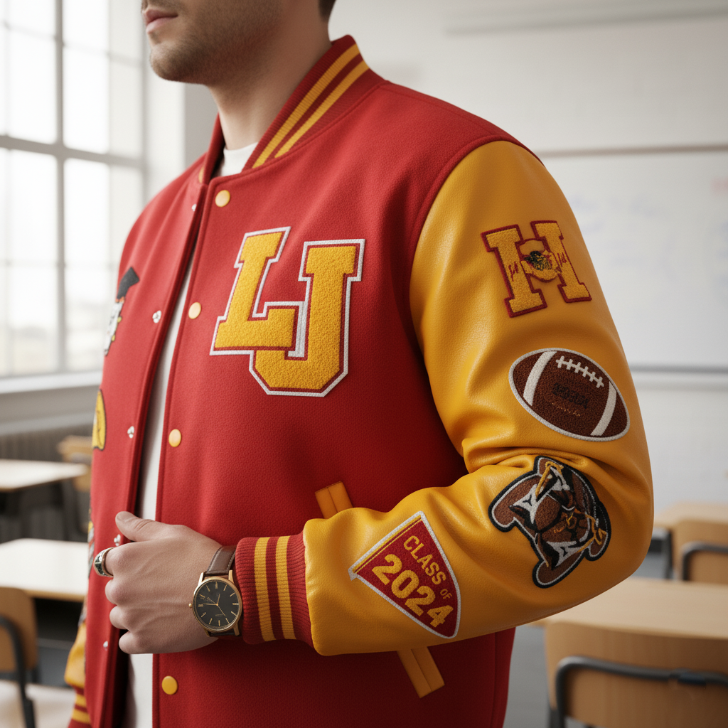Side view of custom bomber jacket highlighting genuine leather sleeves and personalized varsity design