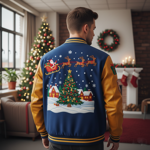 Back view of custom embroidered bomber jacket with varsity letters and professional stitching on wool fabric