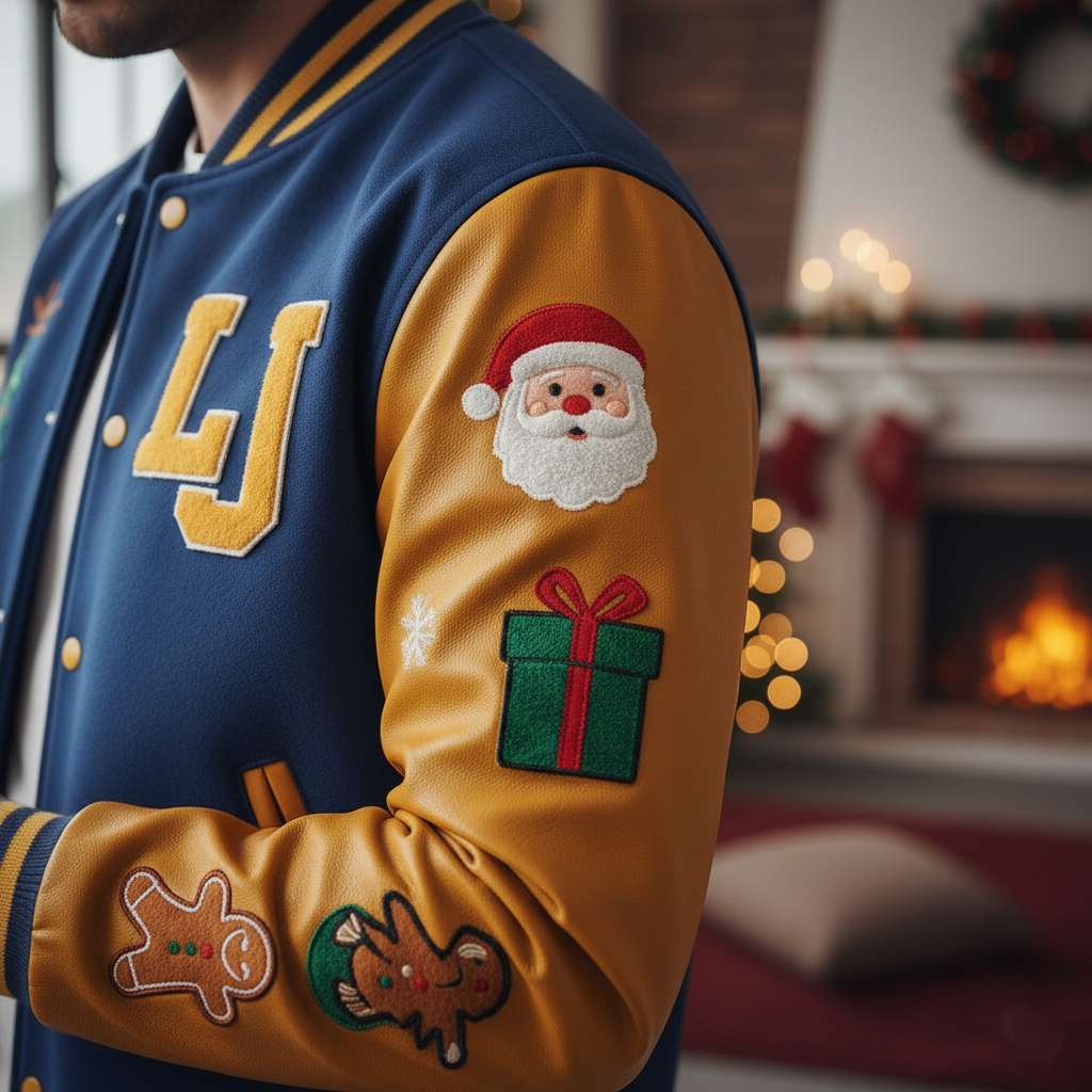 Person wearing a blue and yellow varsity jacket with Christmas-themed patches in a festive indoor setting.