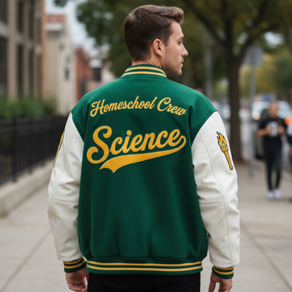 Man wearing a green and white varsity jacket with 'Homeschool Crew Science' text.