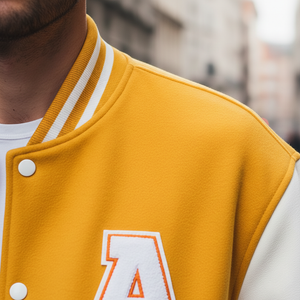 Custom letterman jacket collar view yellow wool white A patch personalized varsity design
