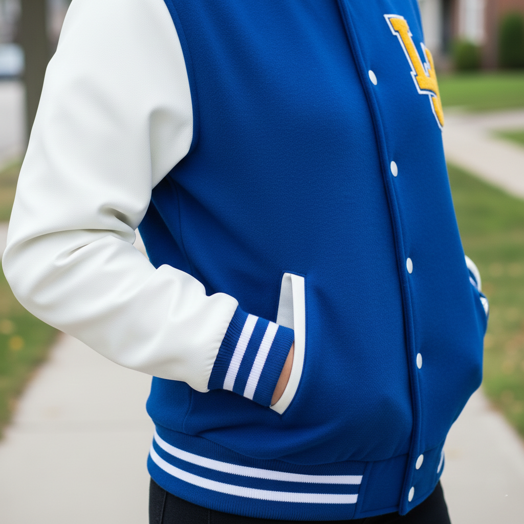 Blue letterman jacket with white sleeves and a logo, worn outdoors.