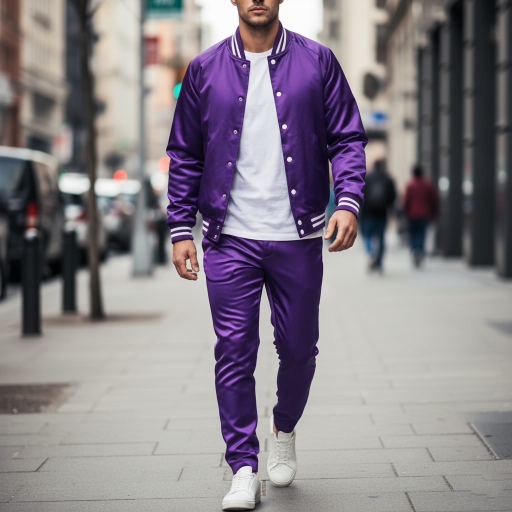 Custom purple varsity jacket with reflective satin surface - dynamic appearance for confident fashion statement