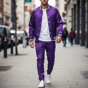 Custom purple varsity jacket with reflective satin surface - dynamic appearance for confident fashion statement