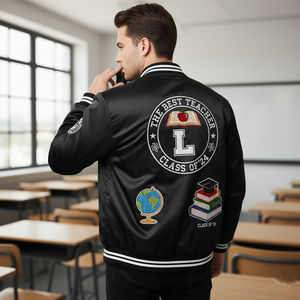 Back view of custom satin bomber jacket showing personalized design and trendy satin finish