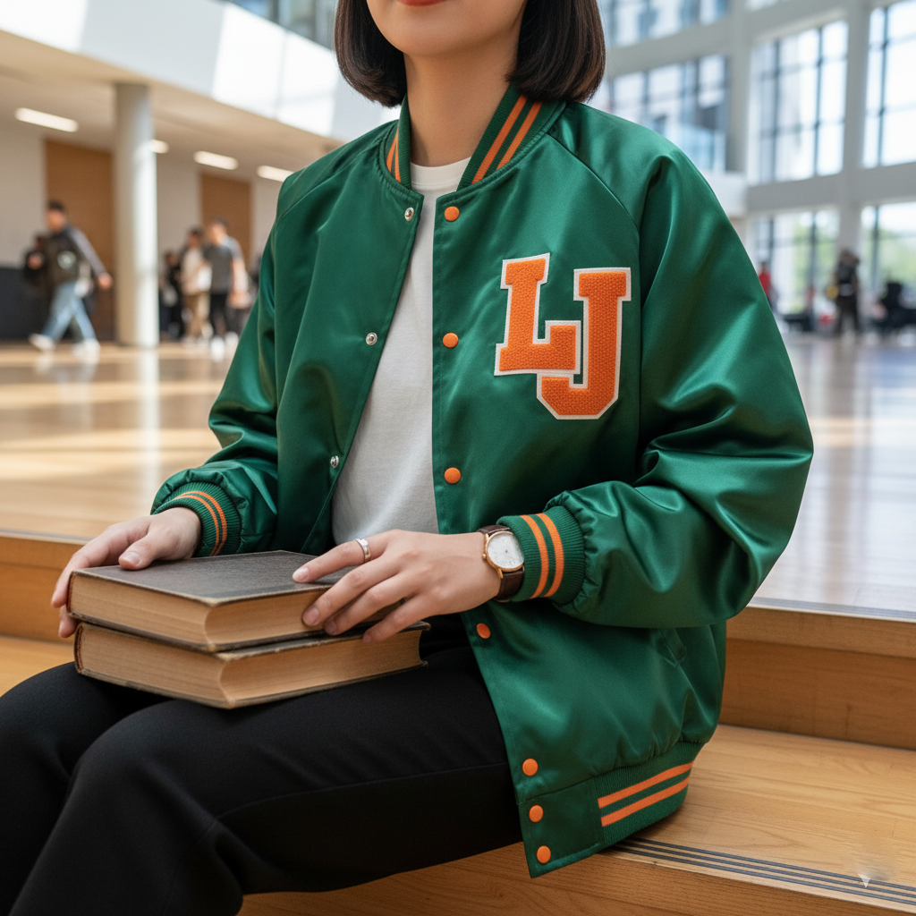 Person wearing a green letterman jacket with orange accents and 'LJ' logo, holding books in an indoor setting.