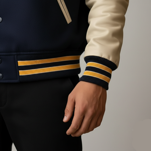 Close-up of a person wearing a navy and beige varsity jacket with yellow stripes on a neutral background