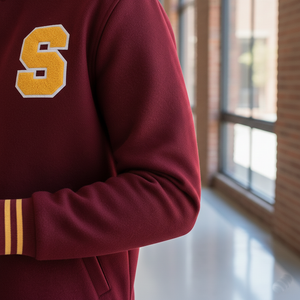 Maroon varsity jacket with yellow letter 'S' on sleeve indoors