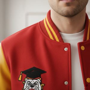 Red and yellow varsity jacket with a bulldog emblem on a neutral background