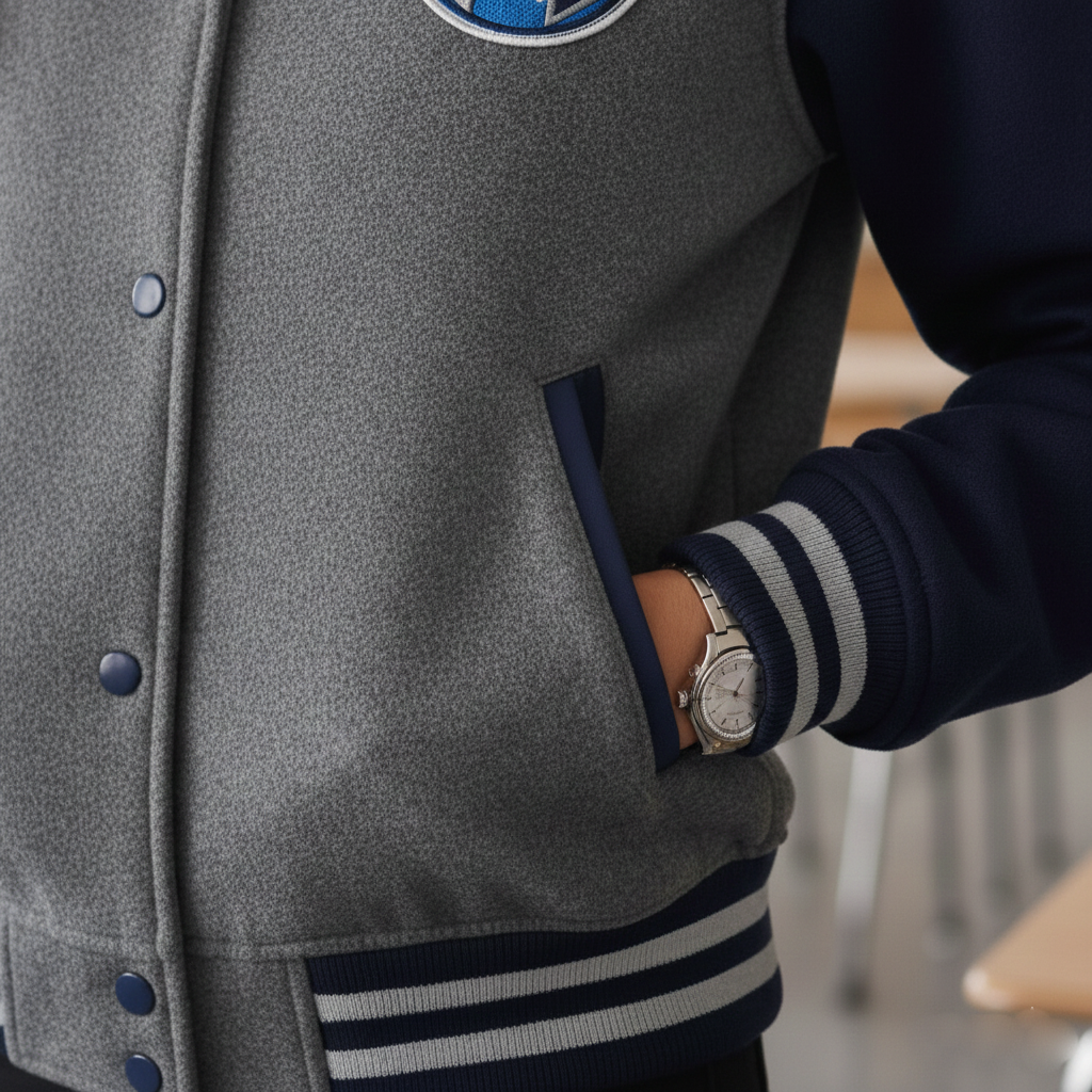 Person wearing a gray varsity jacket with a logo, partially obscured by a navy sleeve.