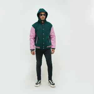 Front view of dark green baseball hooded letterman jacket with wool body and leather arms customization options