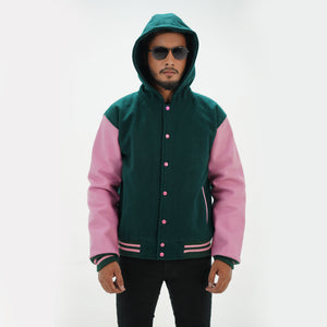 Close-up detail of dark green hooded varsity letterman jacket premium materials and baseball styling