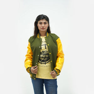 Dark green letterman jacket women three-quarter view - showcasing nature-inspired green wool body with leather arms and coordinating ribbed trim